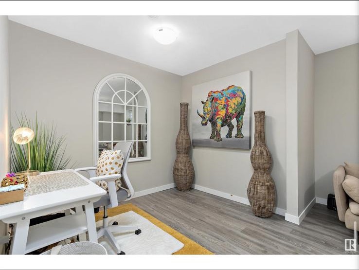 Home office with rainbow rhino canvas and wicker floor vases